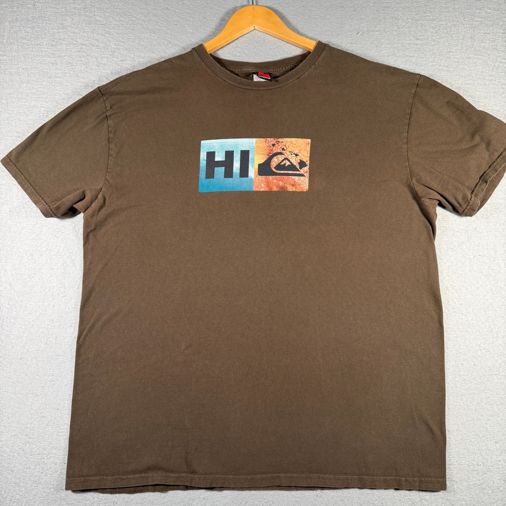 Quiksilver Hawaii Graphic T-Shirt Mens XXL Brown Short Sleeve Crewneck Box Logo